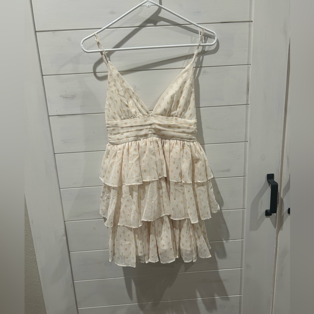White mini dress with gold polka dots from American Threads